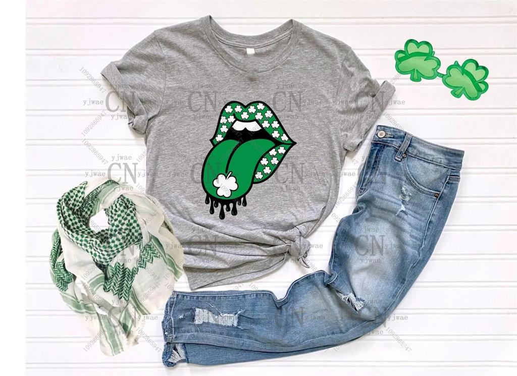Lucky Lips St Patrick's Day T-shirt Family Matching Tee Irish Shamrock Tee High Quality Polyester Top Summer Men's Women's T-shirt