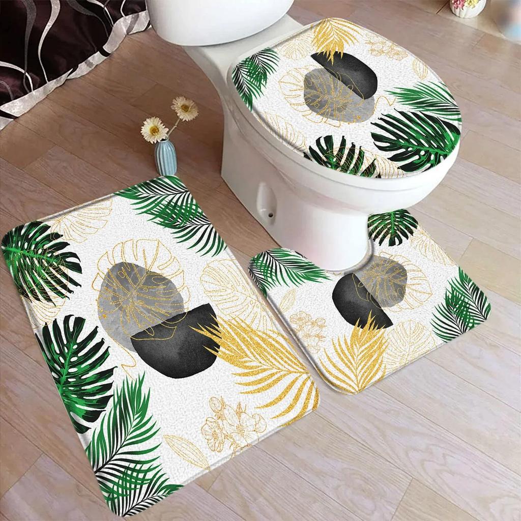 Abstract Mid Century Bath Mat Set Black Line Green Leaf Modern Geometric Boho Home Carpet Bathroom Decor Floor Rugs Toilet Cover