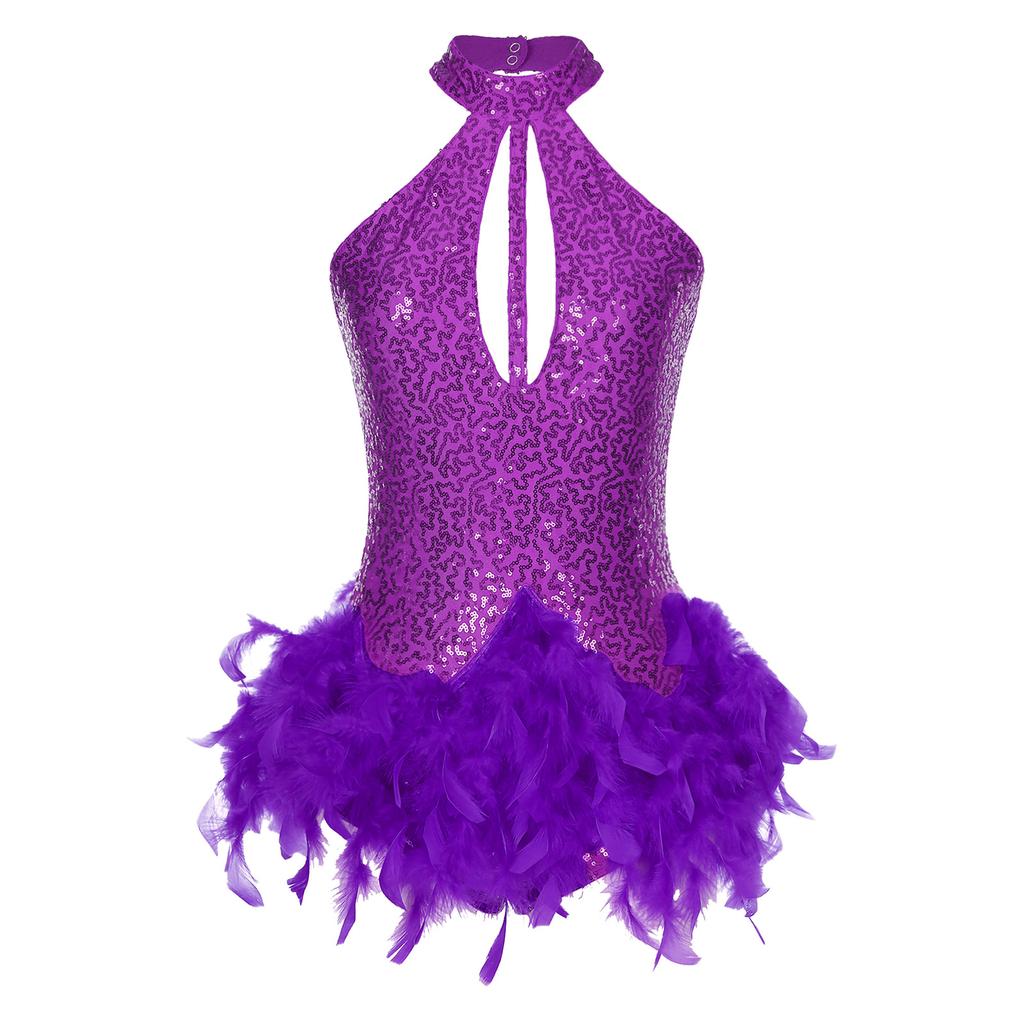 Womens Stage Performance Dancewear Halter Sleeveless Backless Shiny Sequins Feather Dance Leotard