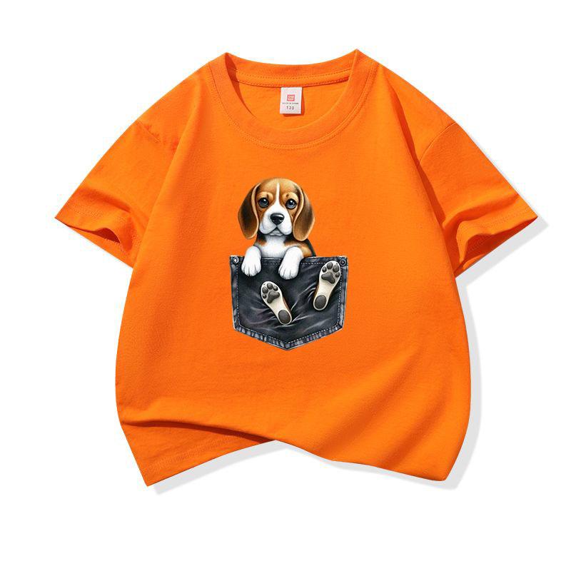 Kids Cotton T Shirt Cute Pocket Beagle Puppy Dog Graphic Crew Neck Short Sleeve Tee Casual Breathable Boys Girls Summer Tops