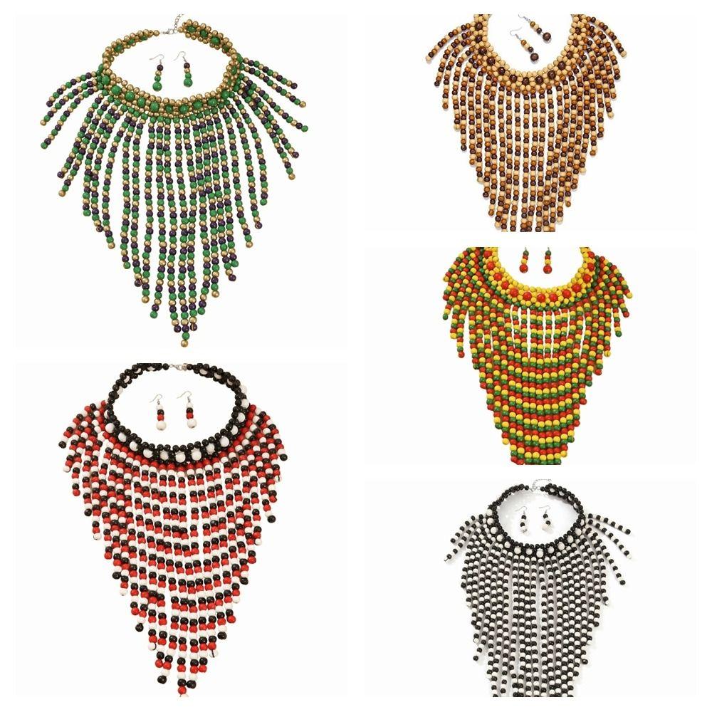 Handmade Jewelry Set Wood Tassel Necklace Luxury Ear Studs  Party