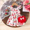 Sweet Dress for Girls In Autumn, Cute Strawberry Print Dress for Children + Shoulder Bag