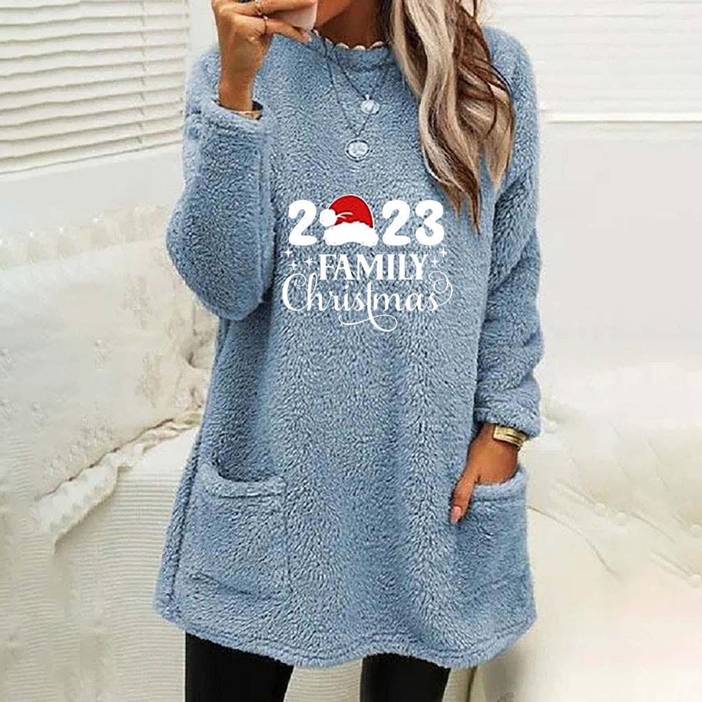 Autumn Winter Women's Christmas Print Round Neck Loose Long Sleeve Pocket Plush Hoodie