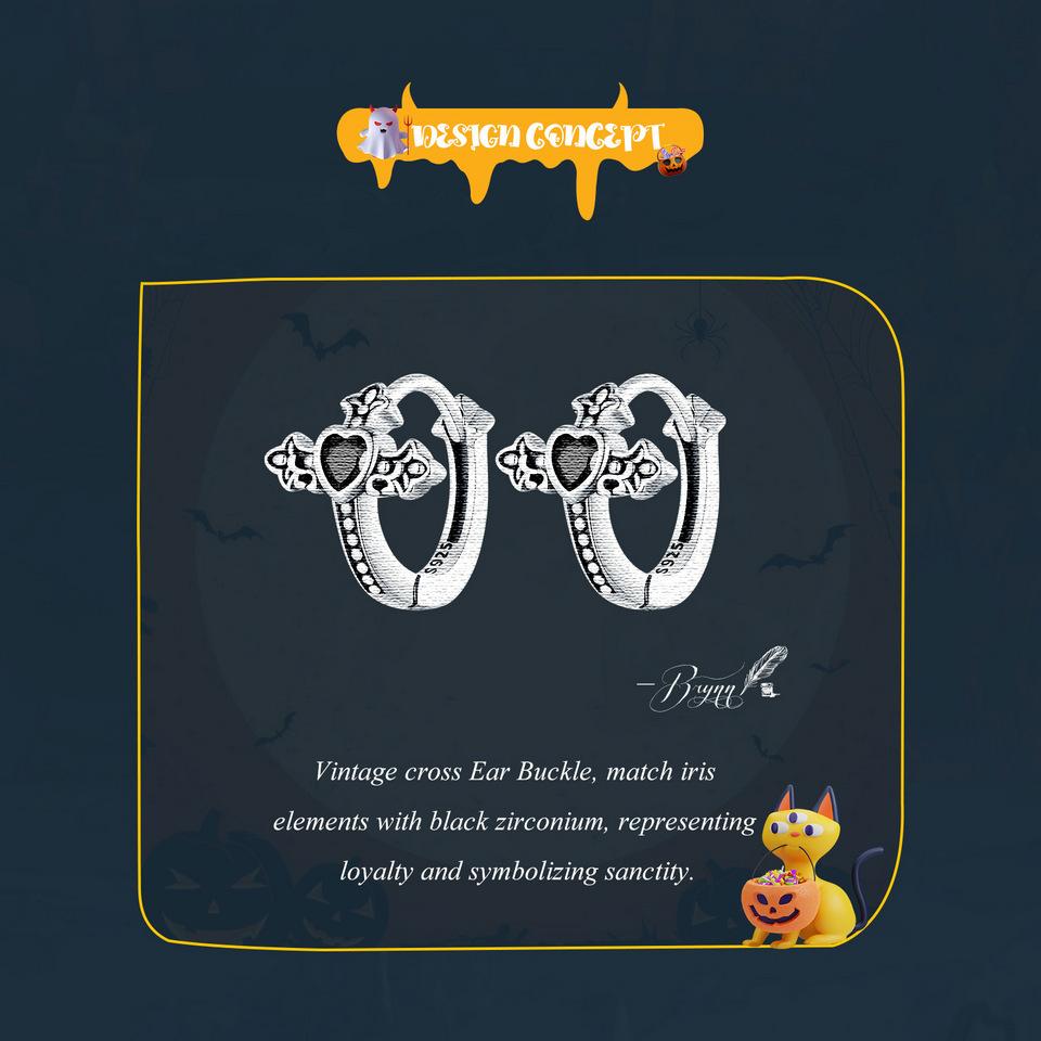 WOSTU Винтажные серьги-кольца из стерлингового серебра 925 пробы с черным цирконием, женские серьги-кольца в стиле ретро, в стиле панк, с пряжкой в виде креста, хип-хоп, ювелирные изделия, счастливый подарок