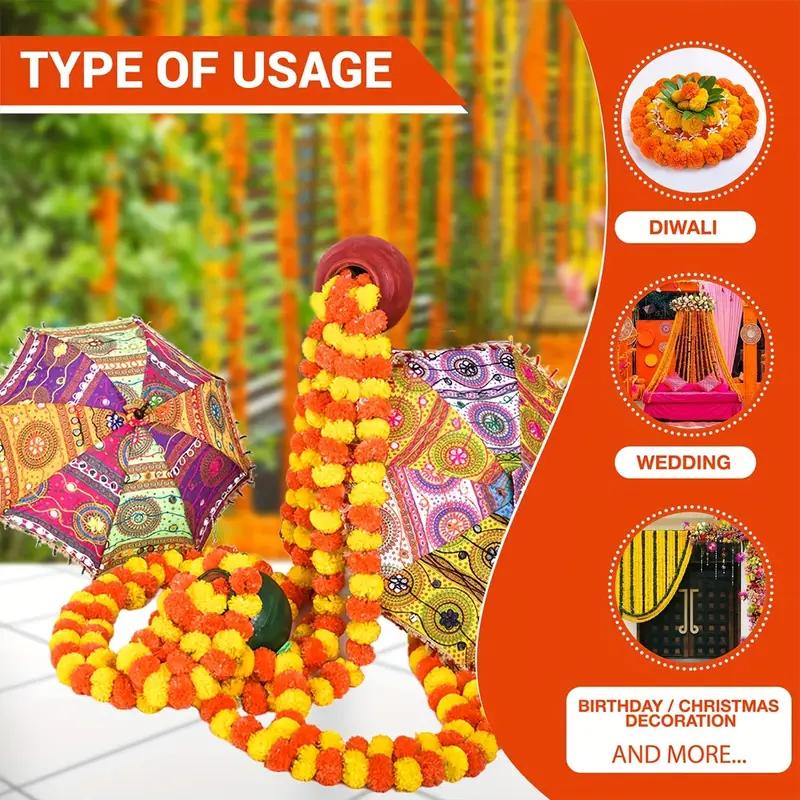 Artificial Marigold Flower Garland Plastic Wreath for Diwali Festival Mexican Day of The Dead Christmas Party Home Decoration
