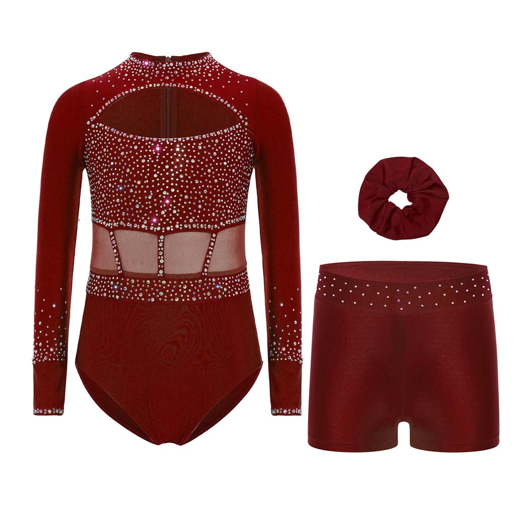 Girls Gymnastics Dance Set Long Sleeve Shiny Cutout Front Back Zipper Leotard Rhinestones Shorts Headwear