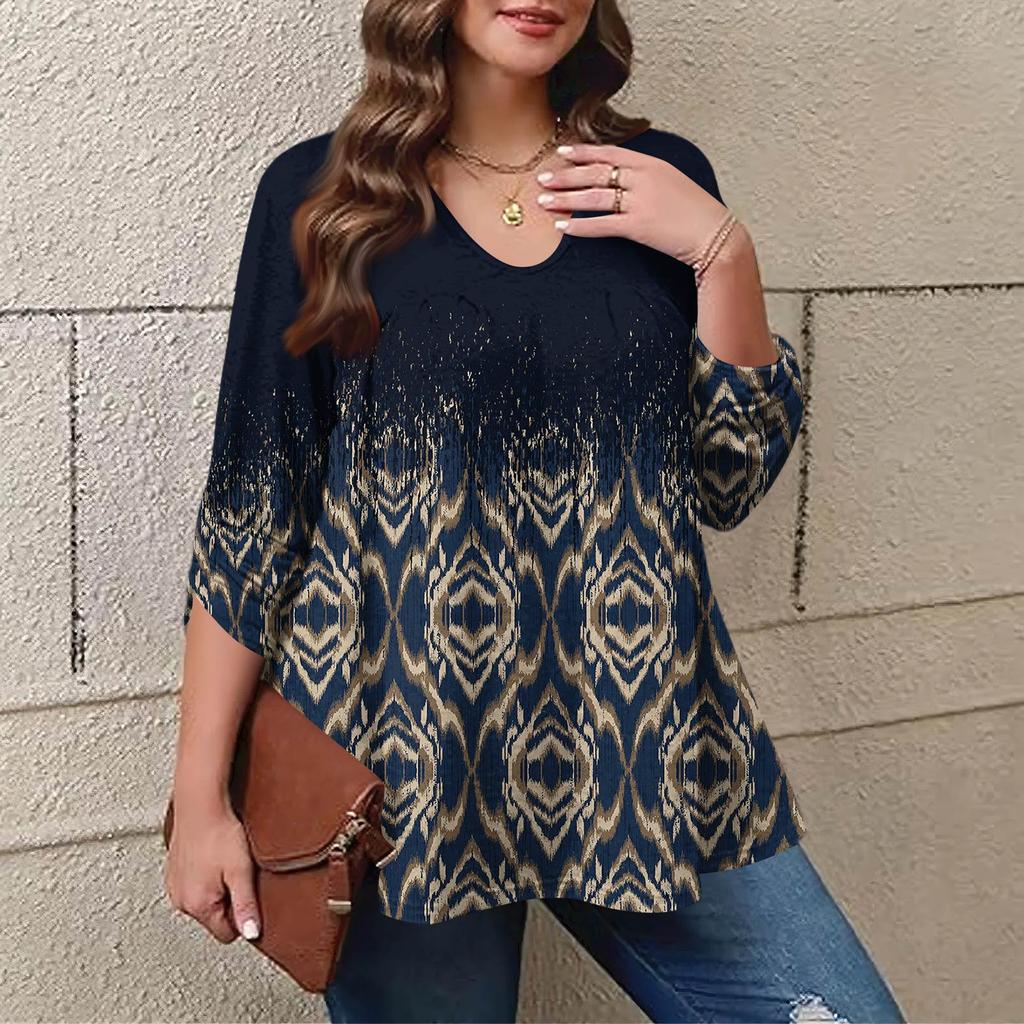 Women's Plus Size Fashion Printed Casual Pleated Round Neck Long Sleeve Top