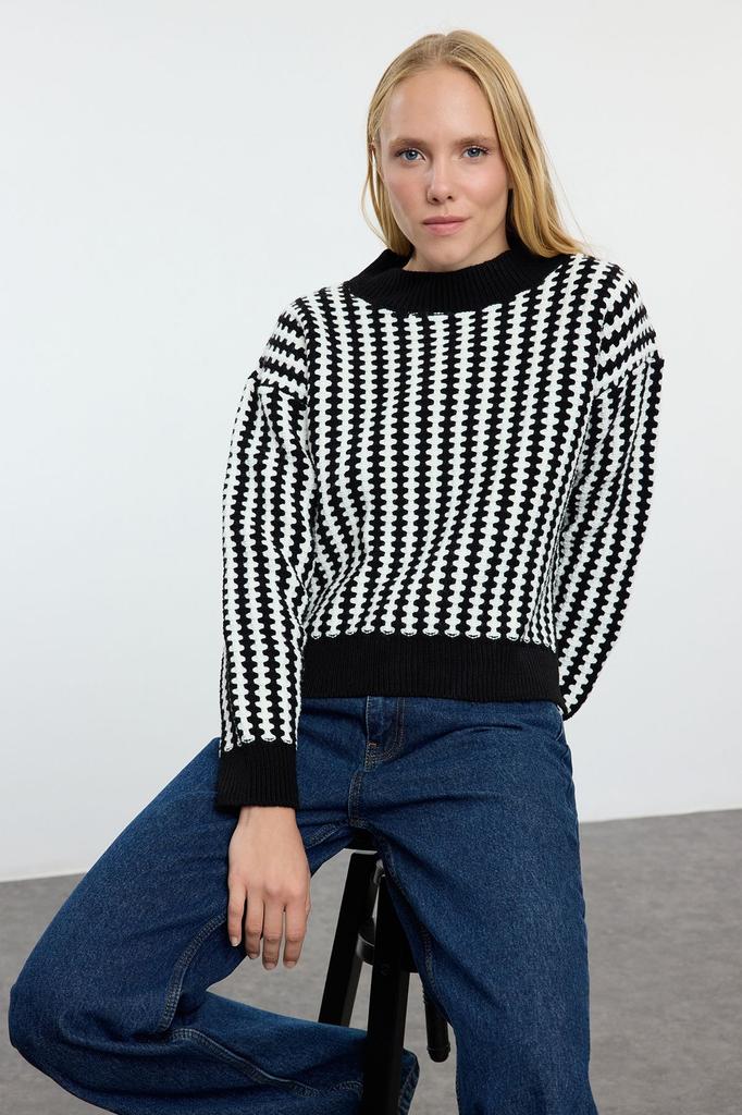 Women's Elegance Style Sweater Black Basic Striped Knitwear Sweater