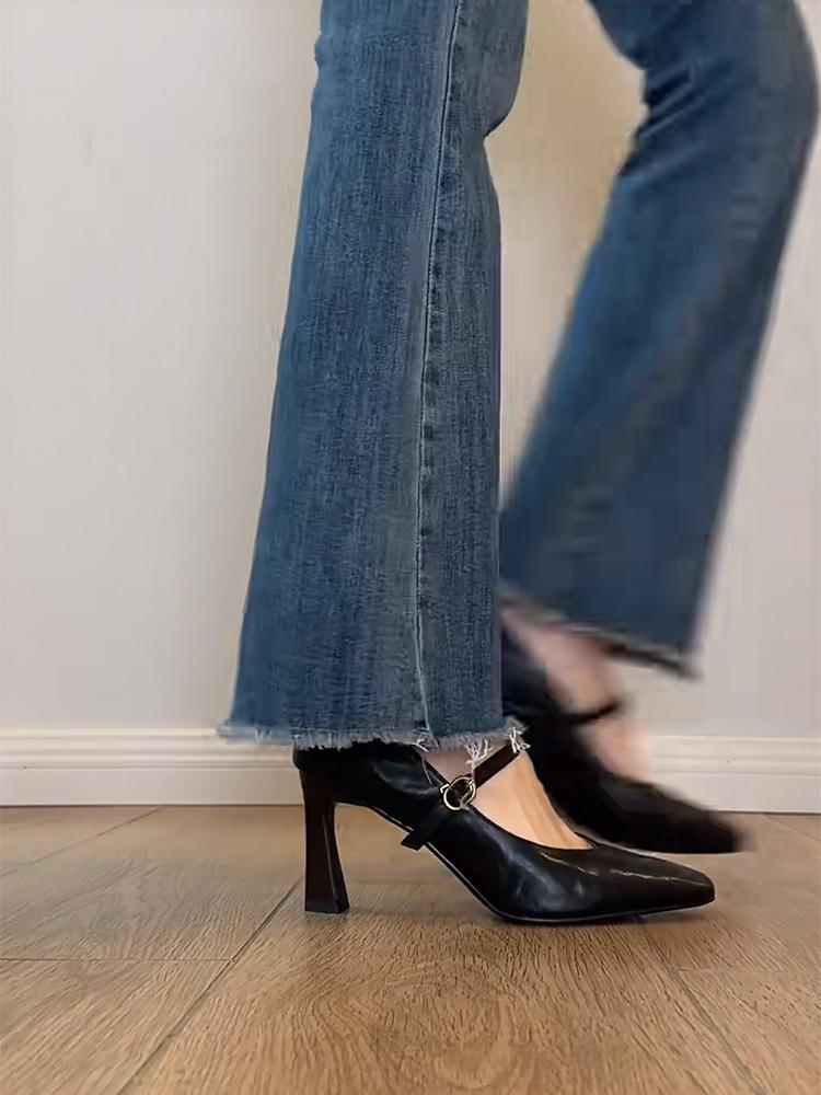 Французские туфли на высоком каблуке женские ретро-стиль минималистичные черные туфли Мэри Джейн с пряжкой в виде одного слова и юбкой туфли на толстом каблуке одинарные