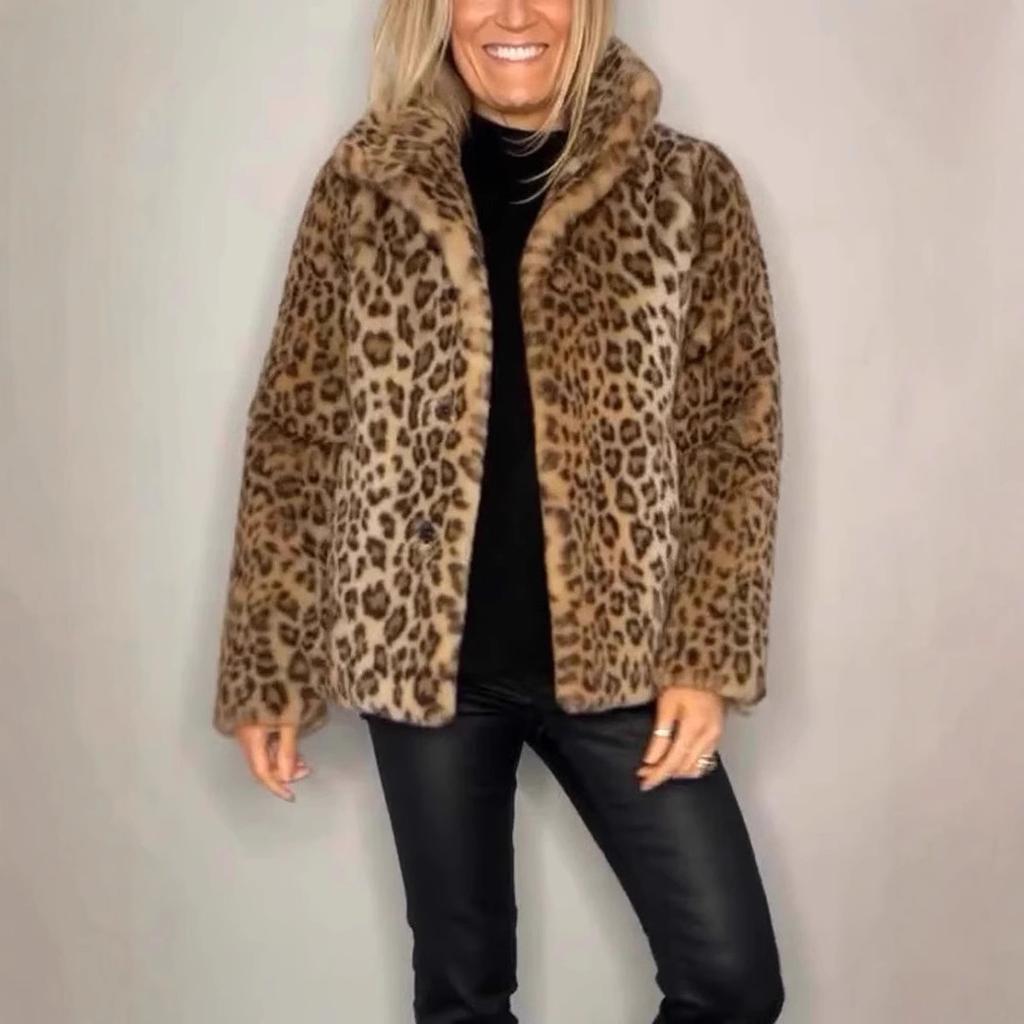 2025 Women's Faux Fur Coat With Leopard Print Collar - Winter Wool Blend Jacket, Fashion Animal Print Notch Lapel Cruelty-Free Statement Outerwear