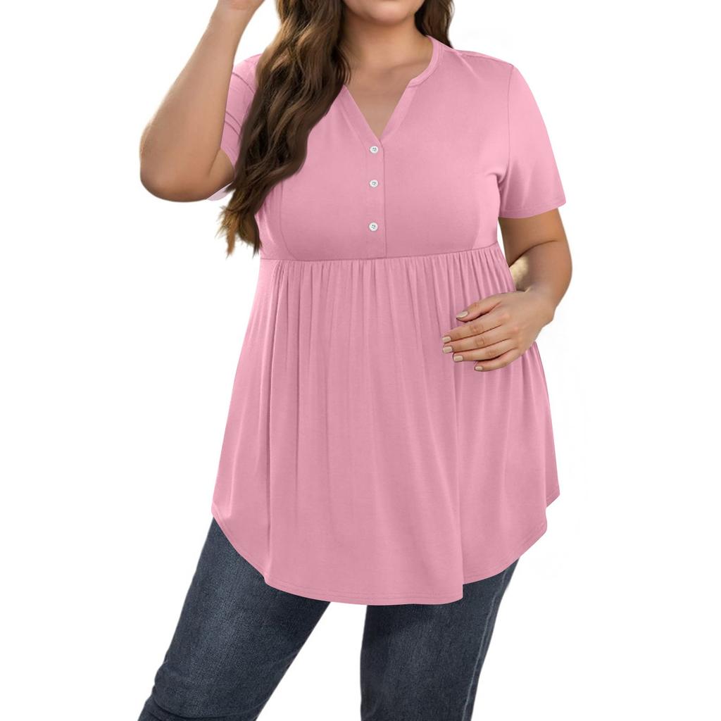 Women's Solid Color Large Size V Neck Button-Up Top Casual Short Sleeve Flowy Top