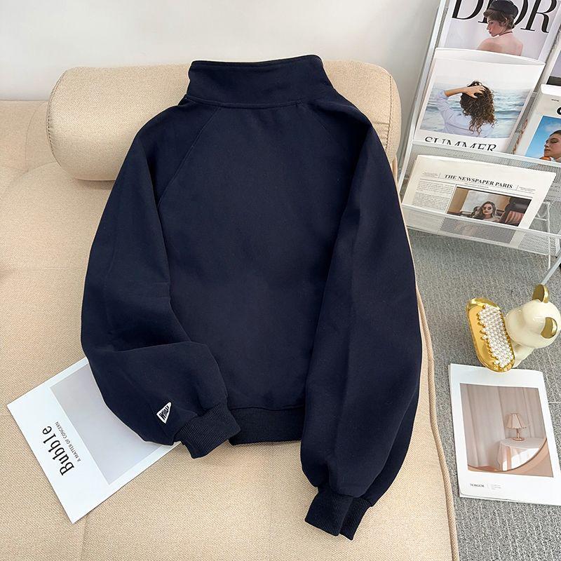 Женский ретро свитер с вышивкой на молнии до середины груди, со стойкой, осенне-зимний пуловер с длинным рукавом и плюшевой подкладкой