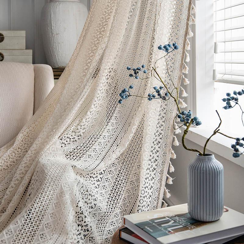 Cloth Dad Curtain American Country White Crochet Hollow Light Transmission Living Room Bedroom Kitchen Floating Curtain Finished Product