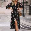 Женская мода весна осень перо принт длинный рукав V-образный вырез высокая талия повседневные платья