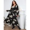 Temperament Elegant Printed V-Neck Petal Sleeve Women's Plus Size Dresses