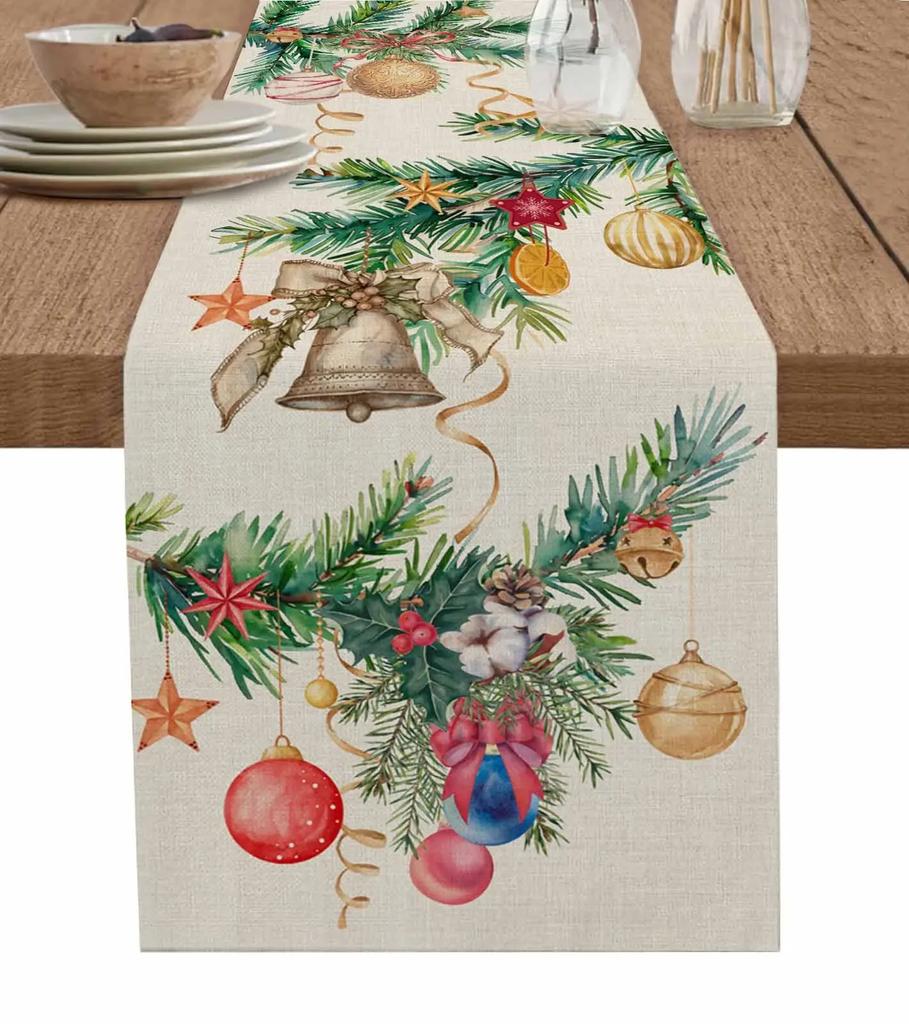 Christmas Silver Fir Leaves Snowflakes Wood Grain Linen Table Runners Kitchen Decoration Table Runner Festival Party Supplies