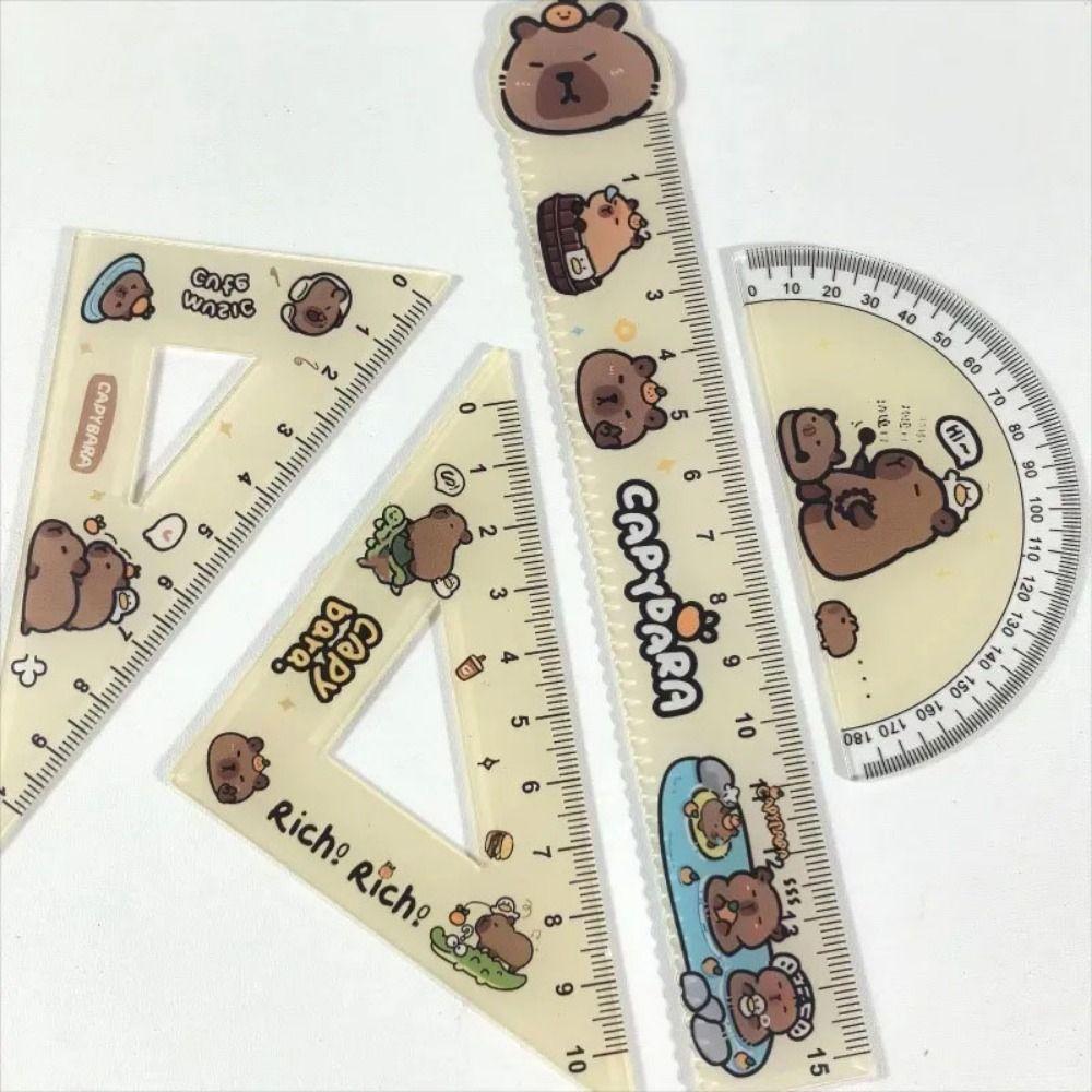 Симпатичная линейка, набор из четырех предметов, мультяшный узор с капибарой, набор линеек, треугольный транспортир, детский набор