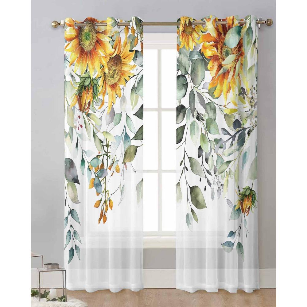 Plant Leaves Sunflower Flower Sheer Curtains for Living Room Decoration Window Curtains for Kitchen Tulle Voile Organza Curtains