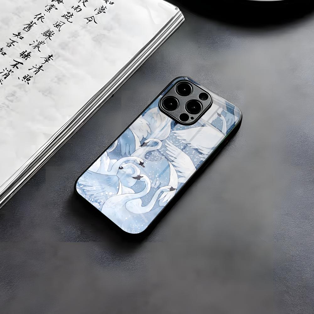 Чехол для телефона с иллюстрацией Белого Лебедя Для IPhone 17 Air 16 E Pro Max 15 14 13 Mini 12 Pro 11 Max Plus Черная Стеклянная Крышка