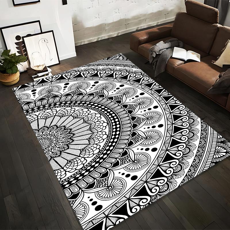 Mandala Pattern Black and White Rug Non-slip rug suitable for living room and bedroom sofas