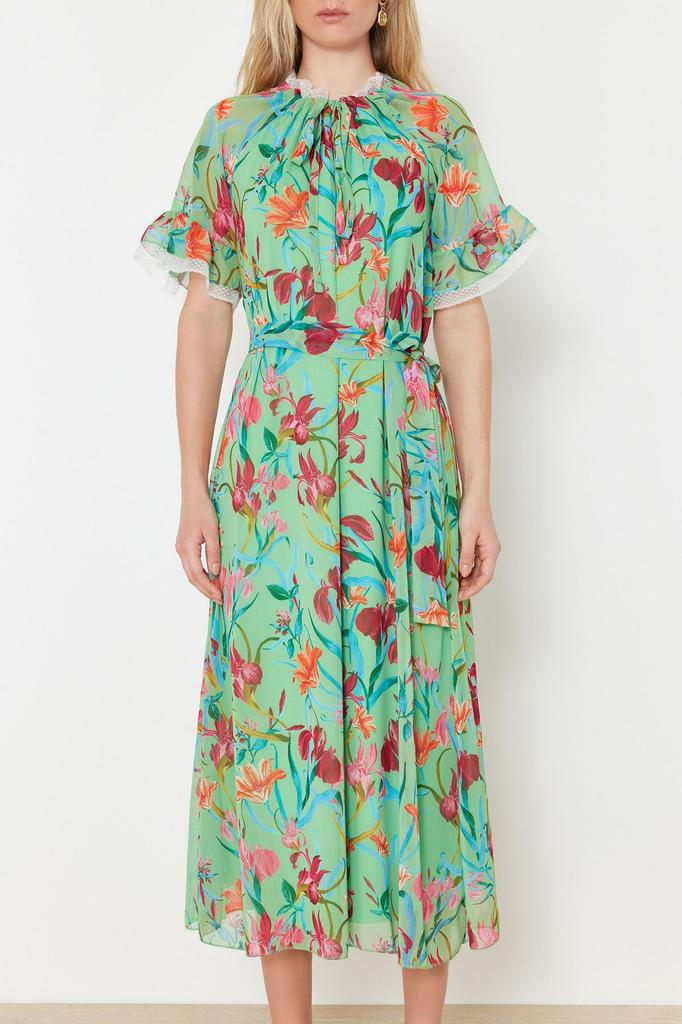 Женское модное новое платье-хиджаб с зеленым цветочным принтом и короткими рукавами с рюшами и подкладкой из шифона