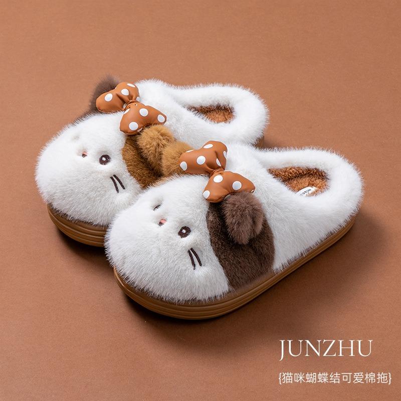 Новые мультяшные хлопковые тапочки с кошкой, домашние плюшевые тапочки для помещений, нескользящие теплые домашние хлопковые тапочки