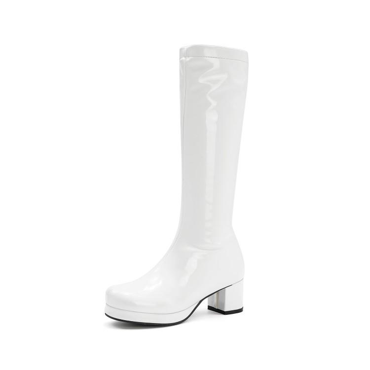 2024 лакированная искусственная кожа, фиолетовые, зеленые, оранжевые, желтые, красные женские туфли, сапоги до колена на платформе и блочном каблуке, женские сапоги до колена, большие размеры 48, 49, 50