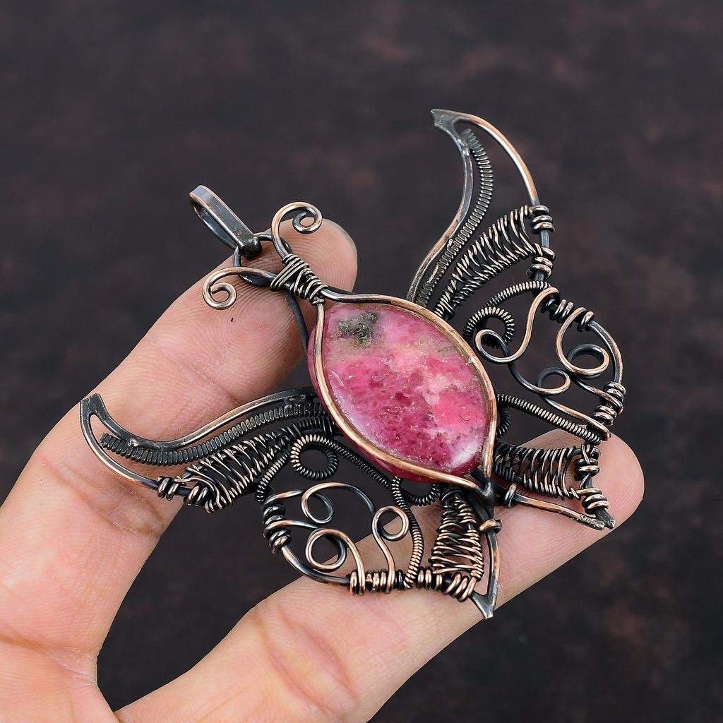 Rhodonite Pendant Copper Wire Wrapped Pendant Gemstone Jewelry Handmade Pendant Designer Jewelry Butterfly Pendant Copper Jewelry For Gifts