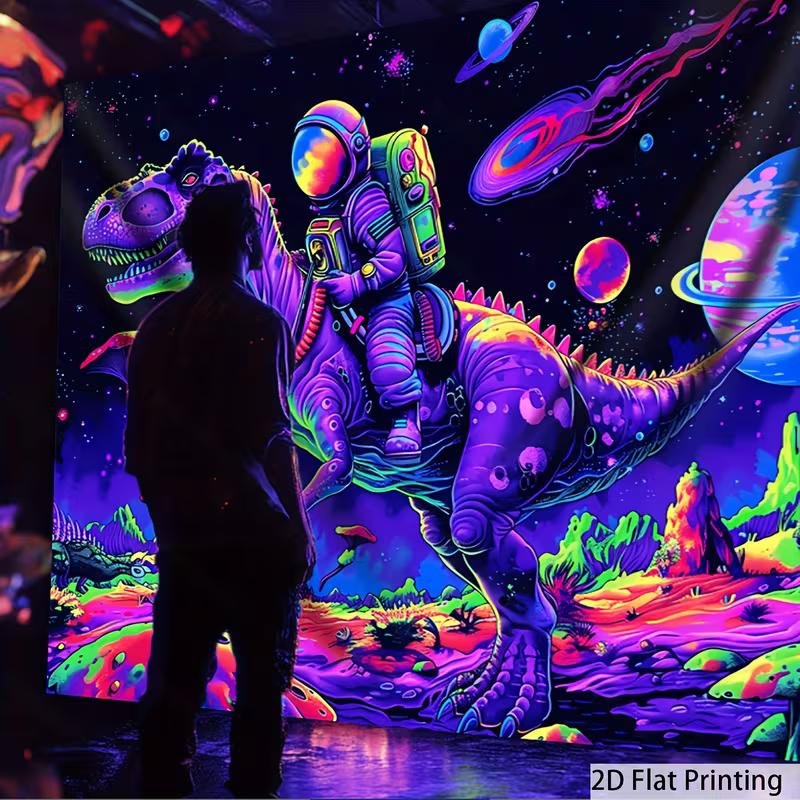 2D Glow in The Dark Astronaut Dinosaur Tapestry, Blacklight Outer Space Wall Hanging for Home Decoration