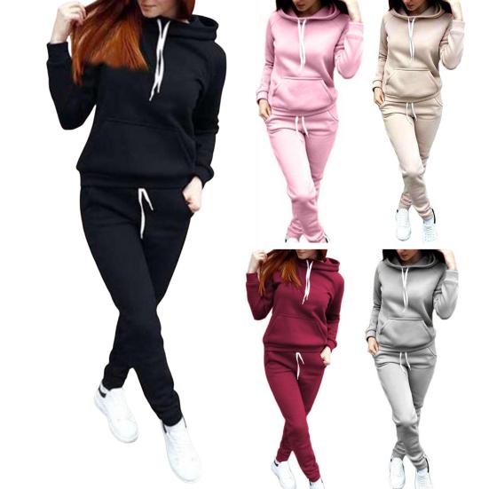 2 Pcs/Set Women Hoodie Pants Suit Solid Color Plush Long Sleeves Thick