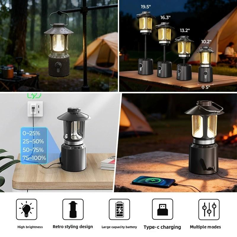Luz de camping retro recargable, lámpara colgante para exteriores, iluminación LED para tienda