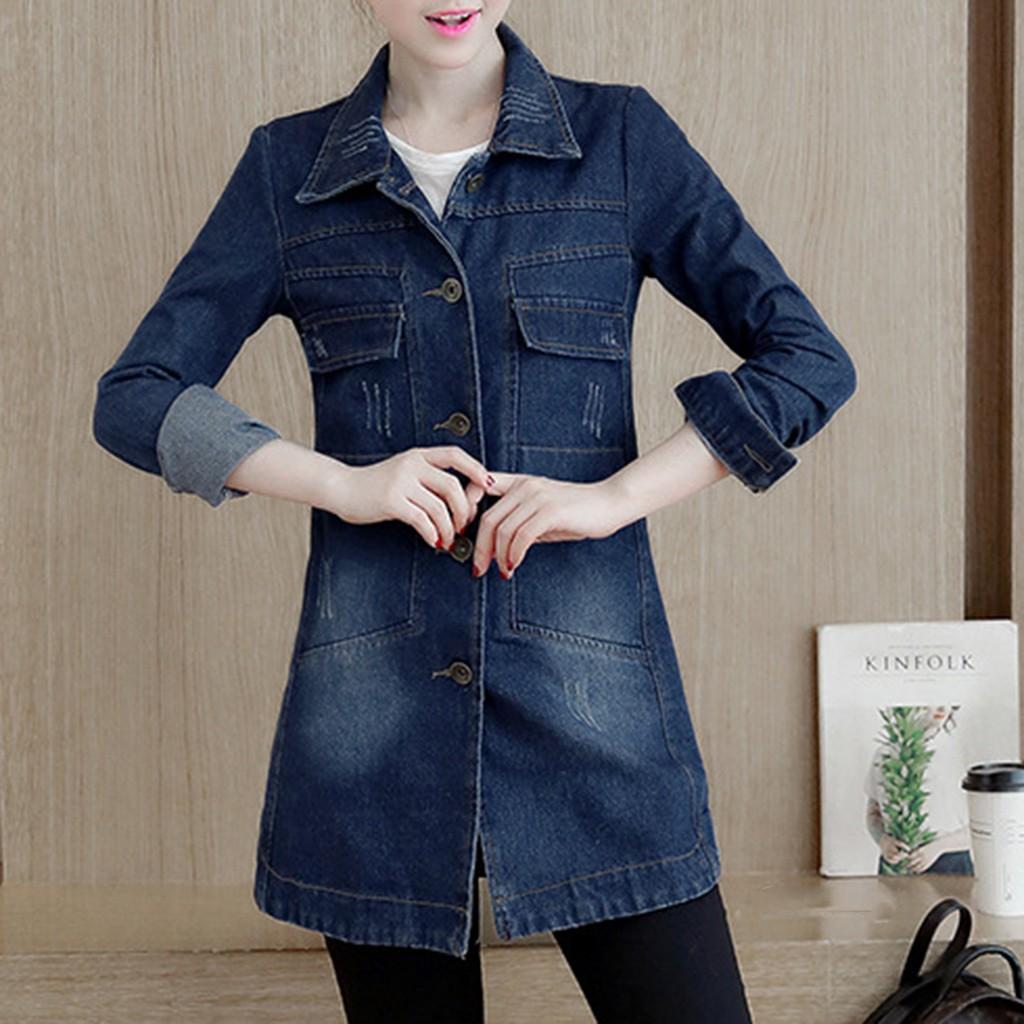 Plus Size Fashion Lapel Women Casual Denim Buttons Vintage Jeans Jacket Cardigan