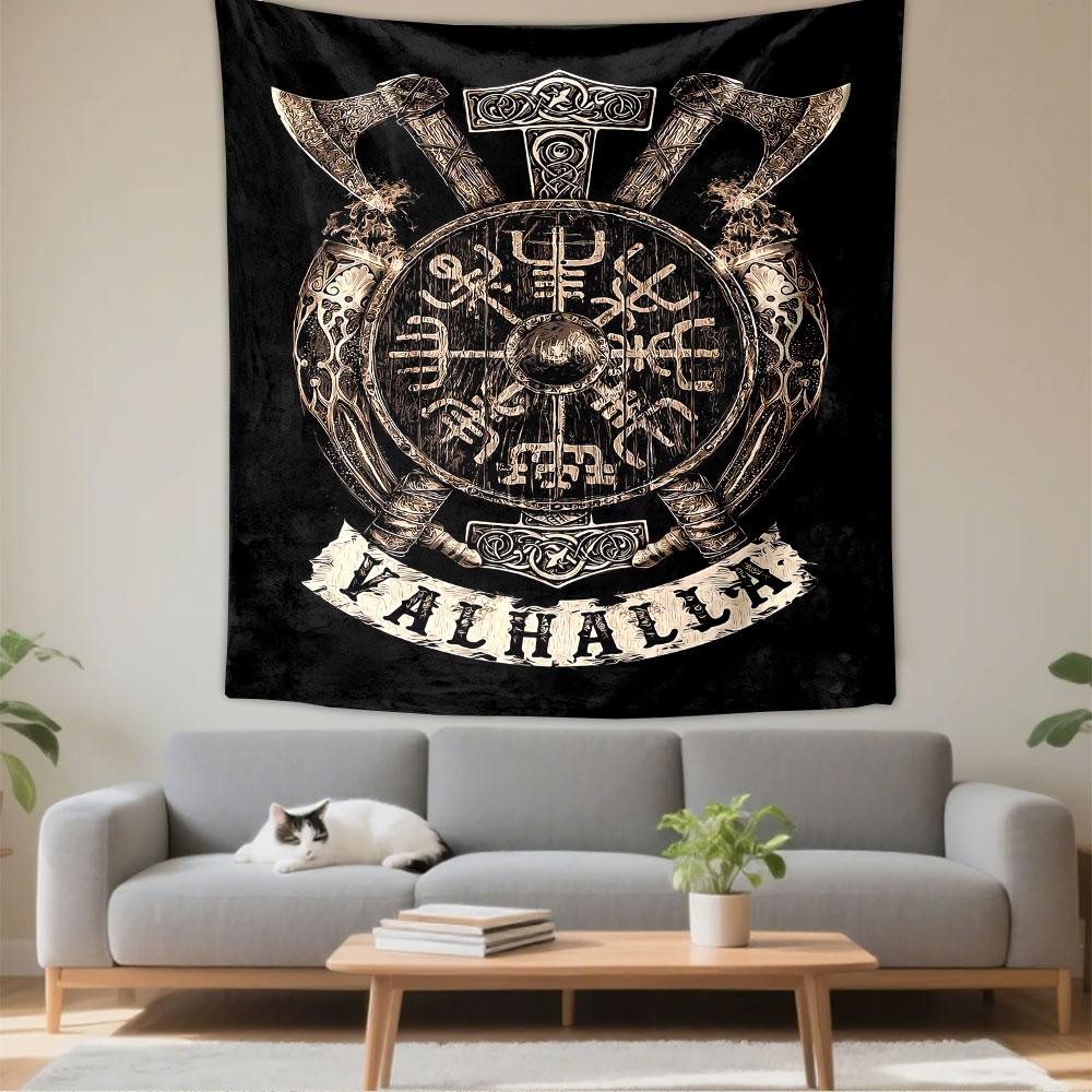 Valhalla Tapestry Wall Hanging, Norse Mythology Warrior Art, Viking Wall Decor for Bedroom Living Room Dorm