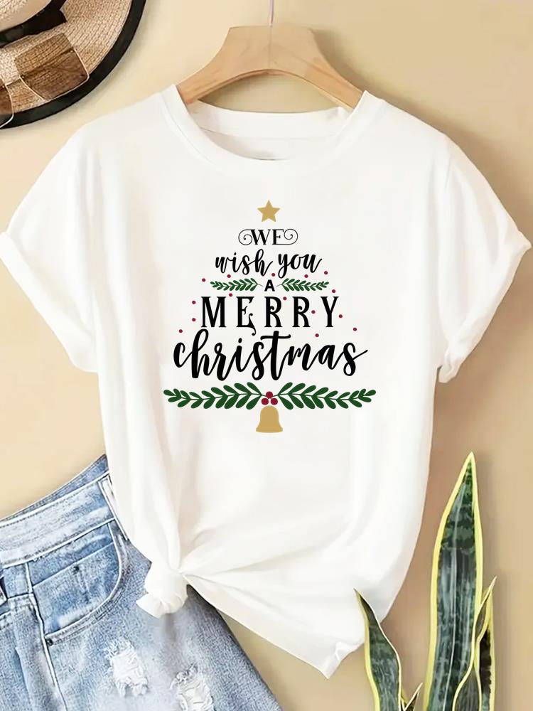 (Asian Size) New Year T Clothing Short Sleeve T-shirts  Print Merry Christmas Plaid Tree Style O-neck Women's Top Fashion Holiday Graphic Tee