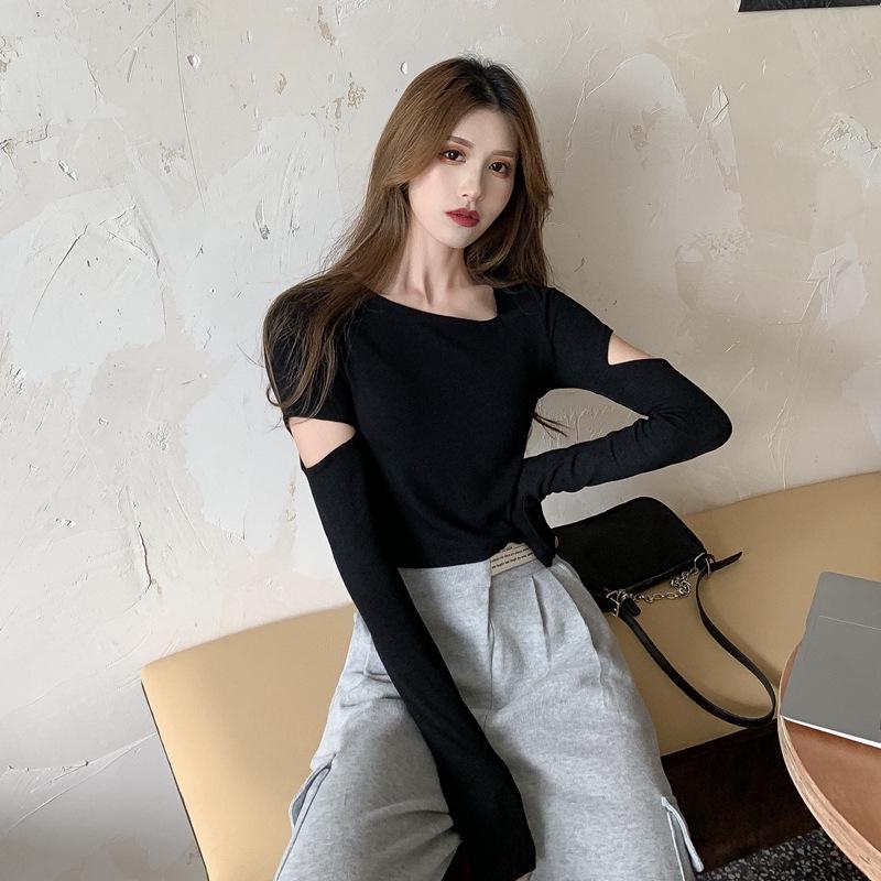 Женский облегающий повседневный топ с длинными рукавами — однотонный и универсальный, с круглым вырезом и ажурной отделкой