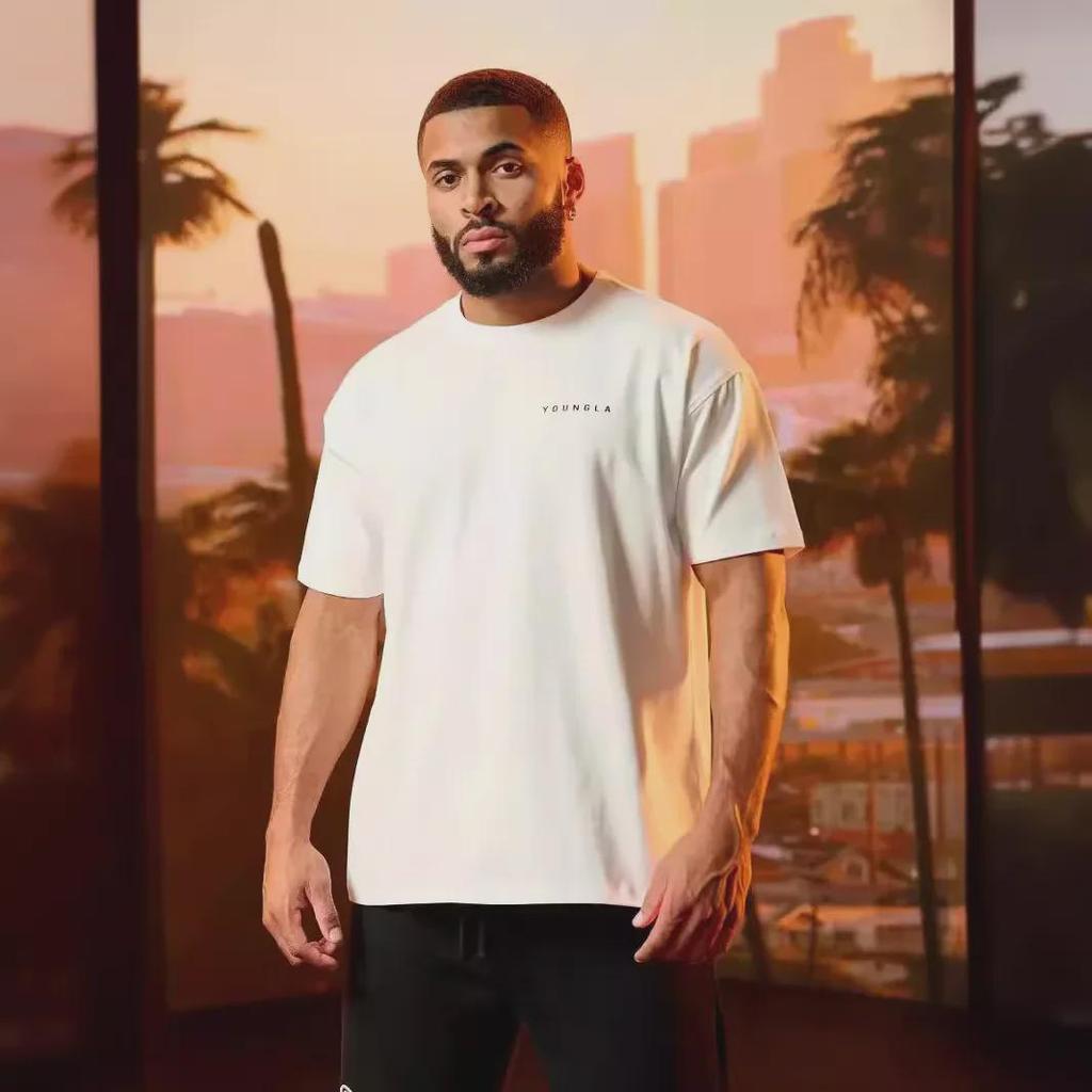 Мужская футболка свободного кроя YOUNG LA из хлопка — летний принт на всю спину, короткие рукава, круглый вырез, повседневный спортивный топ для фитнеса