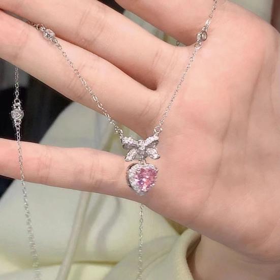 Women Necklace Sparkling Rhinestones Heart Bow Design Pendant Necklace Valentine Day Anniversary Jewelry Gift