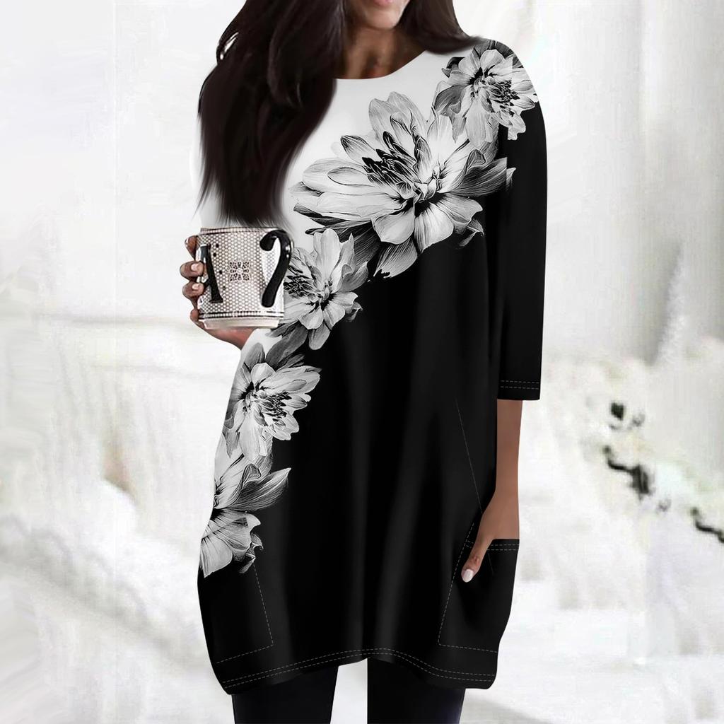 Женские повседневные рубашки с рукавами 3/4, модные туники с принтом, топы с карманами