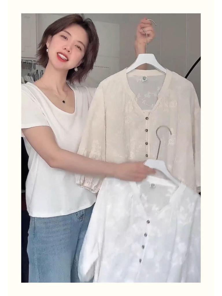 Элегантный вышитый женский топ с рукавом семь восьмых, лето 2025