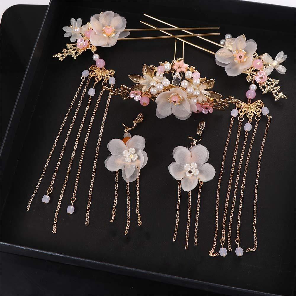 Jewelry Flower Handmade Tassel Fashion Chinese Hair Comb Earrings Hanfu Hair Stick Headwear Sets