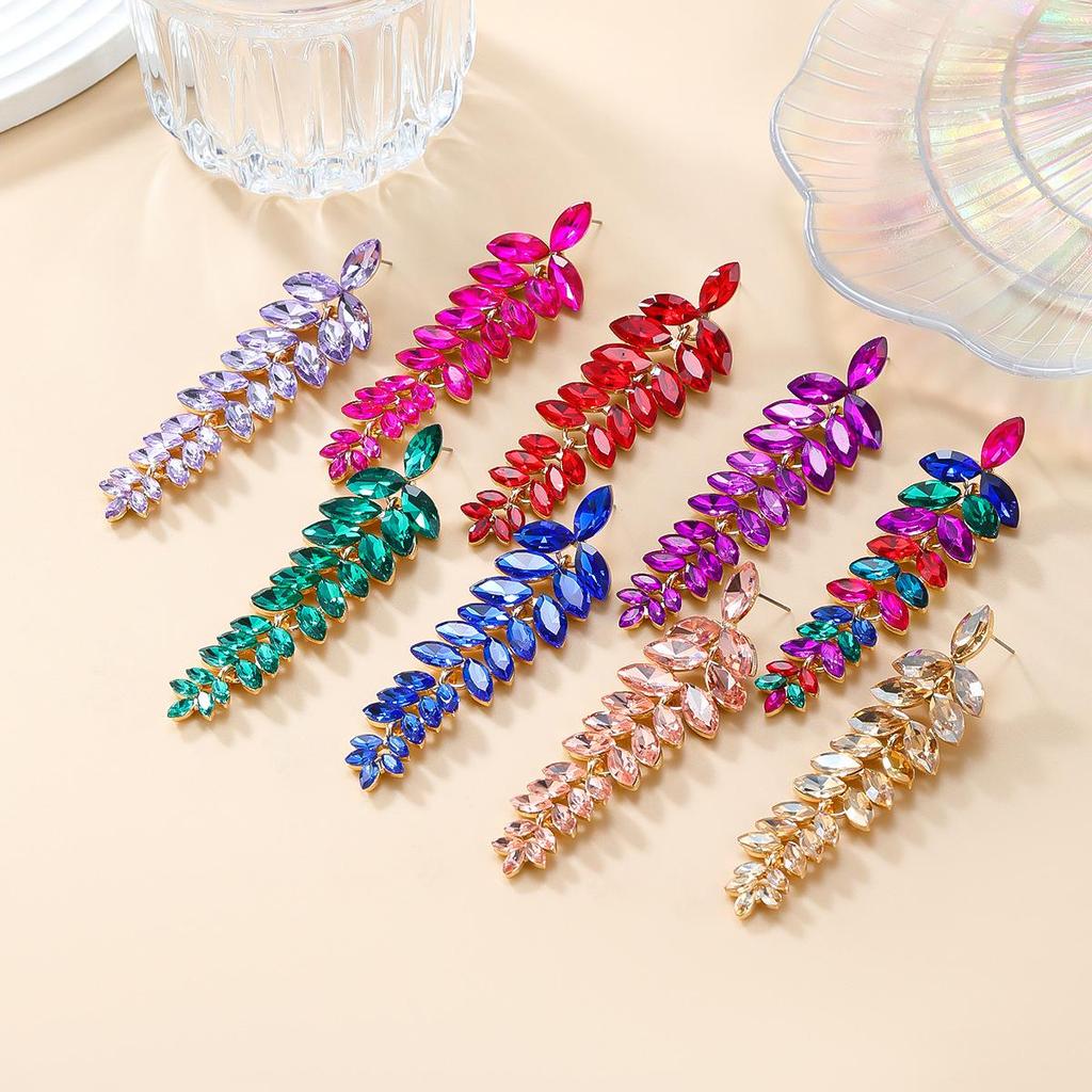 Colorful Diamond Flower Earrings for Women, Bold European Style Long Leaf Design, Perfect for Banquets