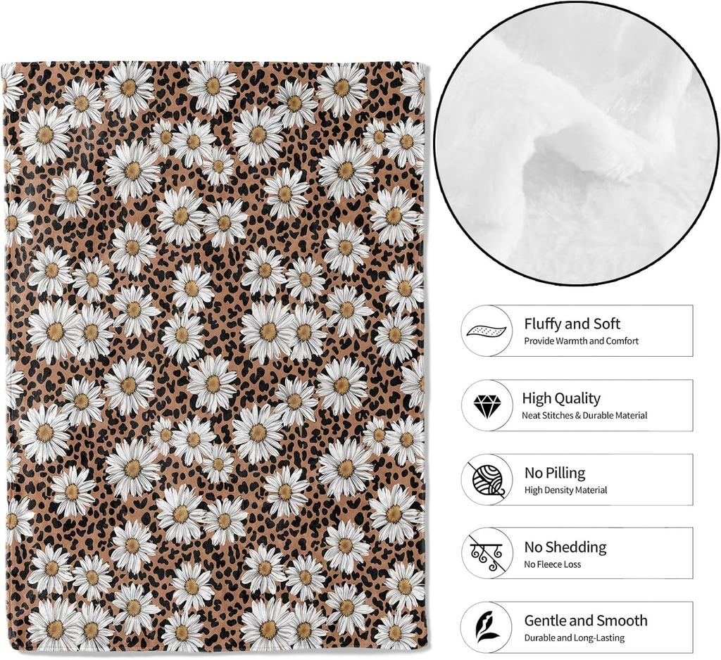 Leopard Print and Daisy Throw Blanket,Soft,Lightweight Flannel,Chic Nature Blankets - Gifts for Kids Women Girls,for Cou