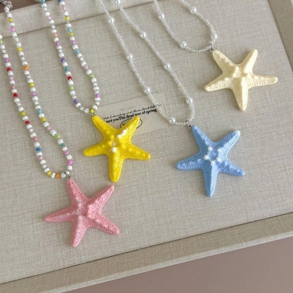 Dopamine Bead Starfish Necklace Bohemian Summer Clavicle Chain Trendy Beach Necklace Vacation