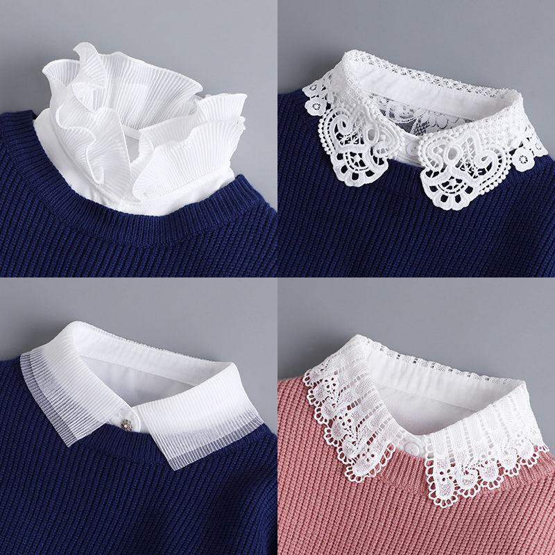 1PCS Fashion Front Tie White Fake Collar for Women Stand Detachable Collar Fake Girls Vintage Lace Ladies False Blouse Collar