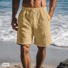 New Linen Shorts, Drawstring Elastic Waist, Solid Color Breathable Daily Beach Five-point Casual Pants