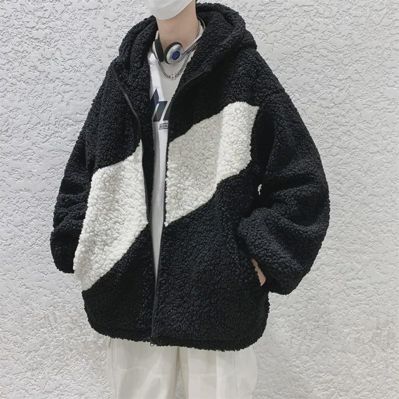 Мужская модная куртка с капюшоном из овечьей шерсти — в стиле хип-хоп, утолщенная и свободная, в духе Гонконга и Кореи, для осени/зимы