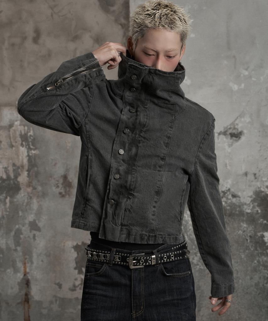 LANARCHIVE [0158] Diagonal Pigment High-Neck Jacket - Charcoal