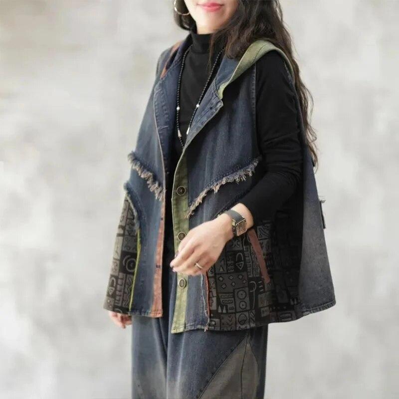 Women's Fall Hooded Splicing Loose Denim Vest Literary Retro Double Pocket Washed Jacket