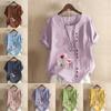 Women's New Fashion Linen Shirt Round Neck Short Sleeve Flowers Printed T-shirt Summer Ladies Casual Blouse Tops
