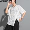2023 New Plus Size Women T-Shirt Female O-Neck Loose Holes Tops&Tees Black Short Sleeve T-Shirt Asymmetrical